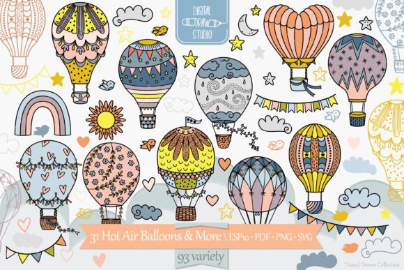 Hot Air Balloons Colored, Cloud, Rainbow: Graphics & Illustrations
